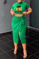 Green Casual Print Bandage Patchwork Slit O Neck Short Sleeve Two Pieces