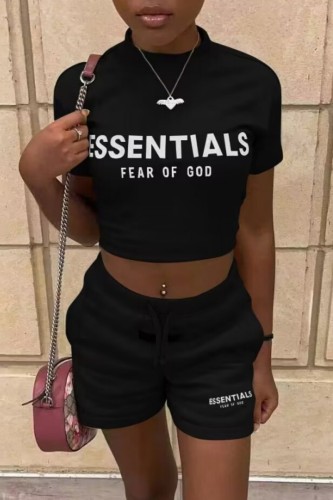 Black Casual Letter Print Basic O Neck Short Sleeve Two Pieces