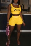 Yellow Casual Sportswear Daily Letter Print Basic U Neck Sleeveless Two Pieces