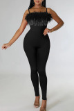 Black Sexy Solid Tassel Patchwork Feathers Spaghetti Strap Skinny Jumpsuits