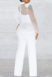 White Casual Patchwork See-through Turtleneck Regular Jumpsuits