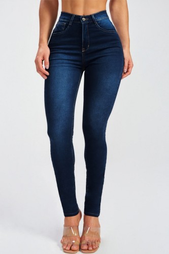 Dark Blue Casual Solid Patchwork High Waist Skinny Denim Jeans