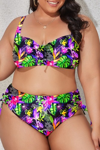 Black Purple Fashion Sexy Print Draw String Frenulum Backless Spaghetti Strap Plus Size Swimwear