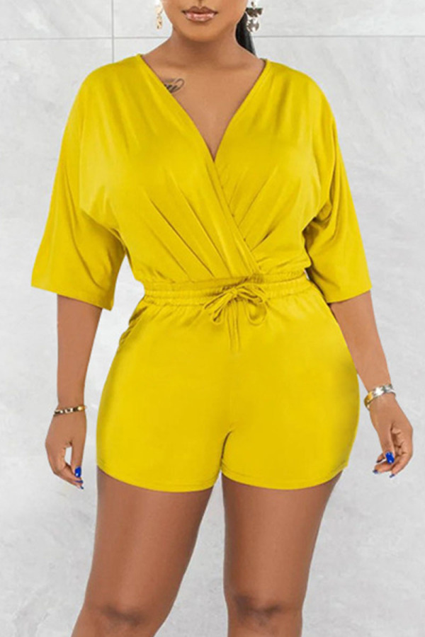 Yellow Casual Solid Patchwork V Neck Straight Rompers