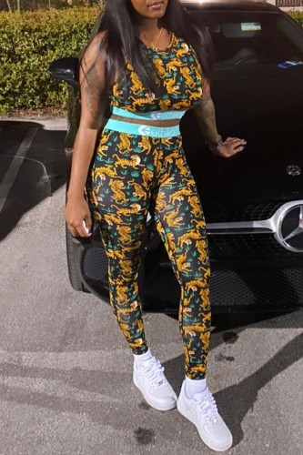 Multicolor Casual Sportswear Print Patchwork Vests Pants O Neck Sleeveless Two Pieces