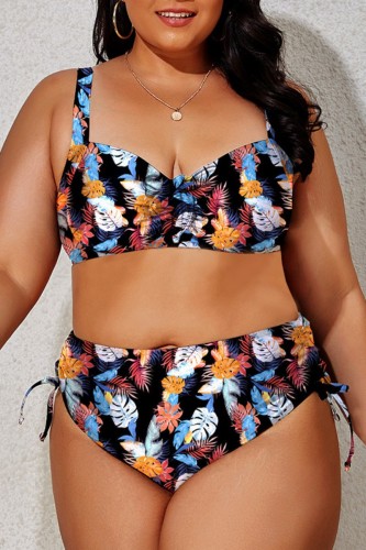 Blue Black Fashion Sexy Print Draw String Frenulum Backless Spaghetti Strap Plus Size Swimwear