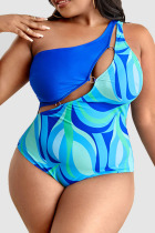 Blue Sexy Print Patchwork Oblique Collar Plus Size Swimwear