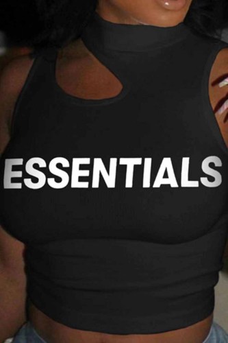Black Casual Print Letter O Neck Tops