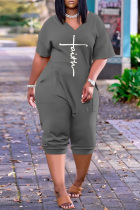 Grey Casual Print Patchwork V Neck Regular Jumpsuits