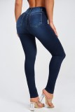 Dark Blue Casual Solid Patchwork High Waist Skinny Denim Jeans