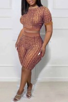 Dark Brown Sexy Street Geometric Patchwork O Neck Short Sleeve Two Pieces