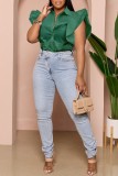 Green Casual Solid Patchwork Shirt Collar Tops