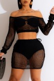 Black Sexy Solid Hollowed Out See-through Off the Shoulder Long Sleeve Two Pieces