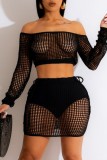 White Sexy Solid Hollowed Out See-through Off the Shoulder Long Sleeve Two Pieces