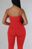 Red Sexy Solid Tassel Patchwork Feathers Spaghetti Strap Skinny Jumpsuits