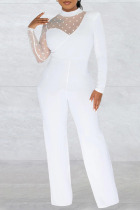 White Casual Patchwork See-through Turtleneck Regular Jumpsuits