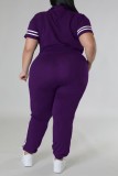 Purple Casual Sportswear Daily Letter Print Basic Zipper Collar Short Sleeve Two Pieces