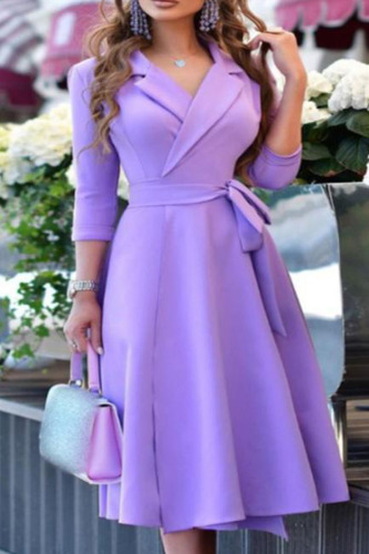 Purple Casual Print Bandage Patchwork Turn-back Collar A Line Dresses