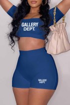 Blue Casual Street Print Letter U Neck Short Sleeve Two Pieces