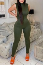 Army Green Casual Solid Basic Turtleneck Skinny Jumpsuits