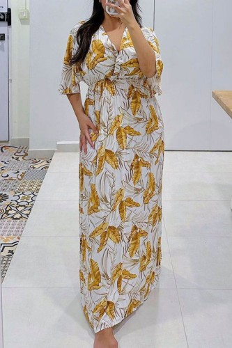 White Casual Daily Print Patchwork V Neck Long Dress Dresses