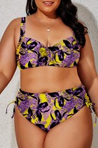 Purple Yellow Fashion Sexy Print Draw String Frenulum Backless Spaghetti Strap Plus Size Swimwear