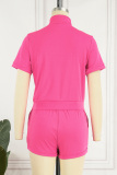 Rose Pink Street Solid Patchwork Turndown Collar Short Sleeve Two Pieces