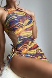 Red Sexy Print Bandage Backless Swimsuit Three Piece Set (With Paddings)