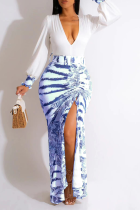 Blue Sexy Print Solid Patchwork V Neck Waist Skirt Dresses