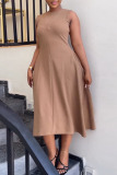 Brown Casual Elegant Solid Patchwork O Neck A Line Dresses
