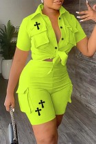 Fluorescent Green Casual Print Patchwork Turndown Collar Short Sleeve Two Pieces