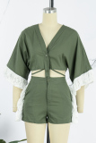 Ink Green Casual Solid Tassel Patchwork V Neck Half Sleeve Two Pieces