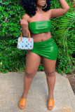 Green Sexy Solid Bandage Patchwork Asymmetrical Strapless Short Sleeve Two Pieces