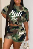 Khaki Casual Letter Print Basic O Neck Short Sleeve Two Pieces