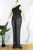 Black Sexy Print Polka Dot Patchwork See-through Oblique Collar Plus Size Jumpsuits
