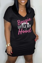 Black Casual Letter Print Basic O Neck Short Sleeve Dress