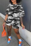 Black Casual Camouflage Print Letter O Neck Short Sleeve Two Pieces