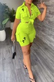 Fluorescent Green Casual Print Patchwork Turndown Collar Short Sleeve Two Pieces