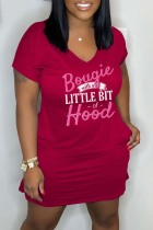 Burgundy Casual Letter Print Basic O Neck Short Sleeve Dress