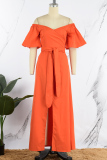 Orange Casual Solid Backless Slit Off the Shoulder Short Sleeve Dress Dresses