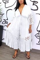 White Casual Vintage Simplicity Solid Lace Patchwork V Neck Straight Jumpsuits