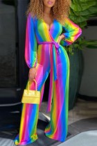 Colour Casual Print With Belt V Neck Regular Jumpsuits
