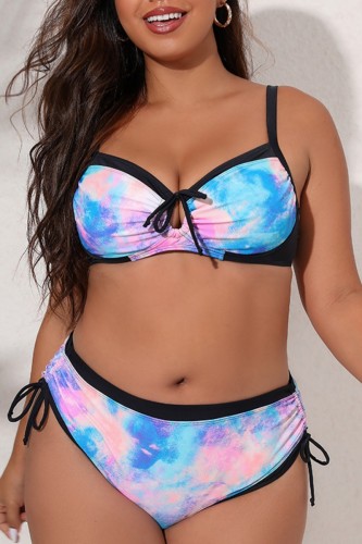 Blue Pink Sexy Print Backless Spaghetti Strap Plus Size Swimwear (With Paddings)