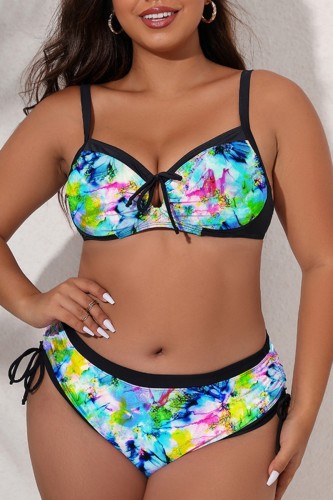 Multicolor Sexy Print Backless Spaghetti Strap Plus Size Swimwear (With Paddings)