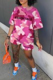 Pink Casual Camouflage Print Letter O Neck Short Sleeve Two Pieces