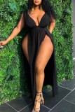 Black Sleeveless Deep V Neck Wide Strap Slim Fit High Slit Casual Vacation Maxi Dress