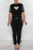 Black Casual Patchwork Basic O Neck Short Sleeve Two Pieces