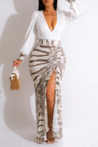 Coffee Sexy Print Solid Patchwork V Neck Waist Skirt Dresses