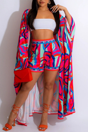 Rose Red Casual Print Patchwork Cardigan Collar Three Quarter Two Pieces