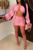 Pink Sexy Solid Draw String O Neck Long Sleeve Two Pieces